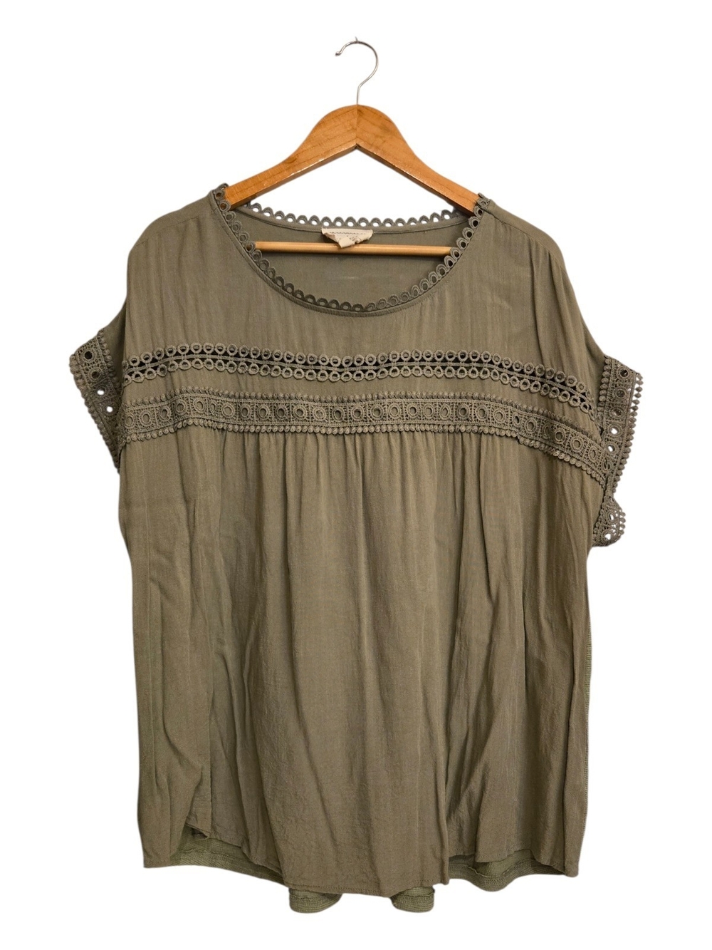 Flower & Feather Bohemian-Olive Green Crochet Trim Women's Blouse Top Plus 3X